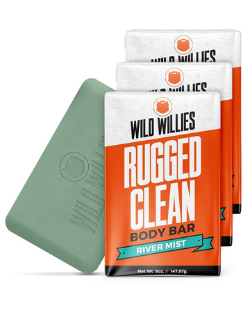 Wild Willies Moisturizing Mens Bar Soap - Bath Soaps With Shea Butter For Odor Protection - Natural Body Bar For Men - River Mist Scent, 3 Pack