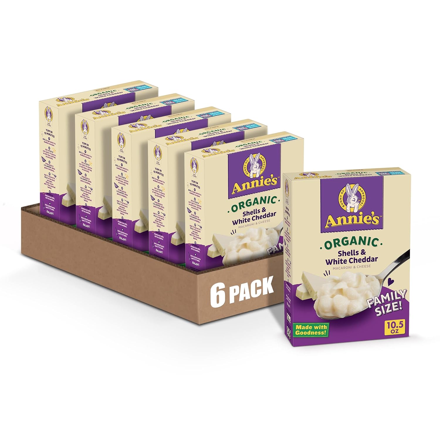 Annie'S Organic Shells & White Cheddar Macaroni And Cheese, Family Size, 10.5 Oz. (Pack Of 6)