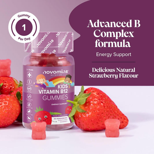 Kids Vitamin B12 Gummies - 1 Month Supply - Vitamin B Complex Enriched With B1, B2, B6, Biotin - Energy & Metabolism Support - Alternative To B12 Vitamin B12 Tablets High Strength - Novomins