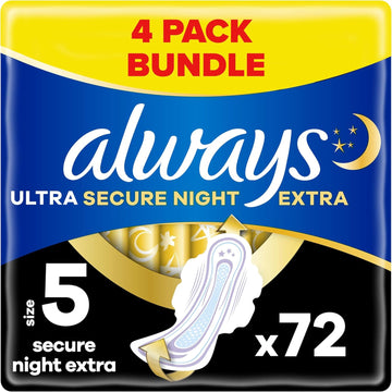 Always Ultra Sanitary Towels, Size 5, Ultra Secure Night Extra, Heavy Flow, 72 Pads With Wings (18 x 4 Packs) SAVING PACK, Locks Wetness Leaks & Odours, Thin And Discreet