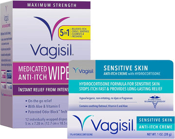 Vagisil Anti-Itch Feminine Hygiene Care Multipack for Women, 12 Medicated Intimate Wipes and Vagisil Maximum Strength Feminine Anti-Itch Creme - 1 oz, Helps Relieve Yeast Infection Irritation