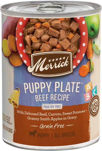 Merrick Grain Free Wet Puppy Food, Premium Soft And Gluten Free Canned Dog Food, Puppy Plate Beef Recipe - (Pack Of 12) 12.7 Oz. Cans