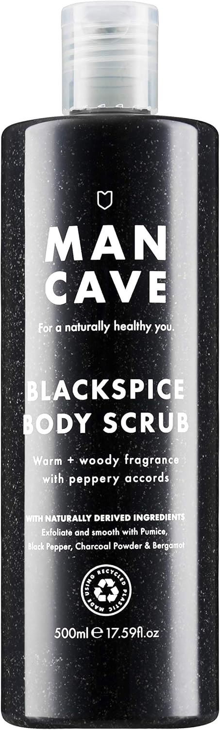 Mancave Blackspice Body Scrub 500Ml For Men, Warm & Woody Aroma, Exfoliate & Cleanse Skin With Pumice And Charcoal Powder Scrub, Natural Formulation, Vegan Friendly, Made In England