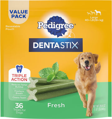 PEDIGREE DENTASTIX Dental Dog Treats for Large Dogs Fresh Flavor Dental Bones, 1.87 lb. Value Pack (36 Treats)