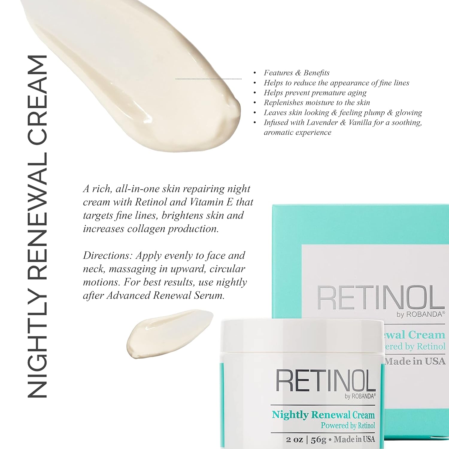 Robanda Retinol Nightly Renewal Cream ¦ All In One Age Repairing Night Cream Targets Wrinkles And Fine Lines : Beauty & Personal Care