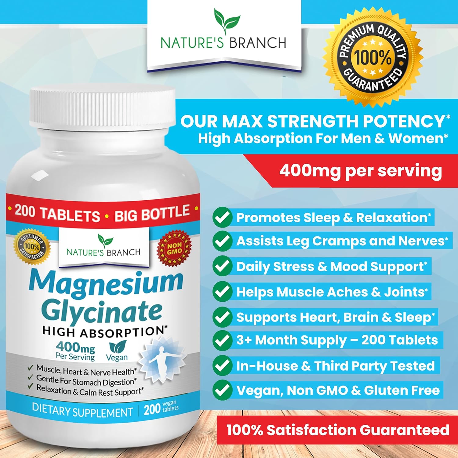 Magnesium Glycinate 400 mg - 200 Tablets - High Absorption, Non Buffered Bisglycinate Mag Supplement for Sleep, Leg Cramps, Heart, Ease Muscles, Calm Headaches for Women and Men, Non Powder Capsules : Health & Household