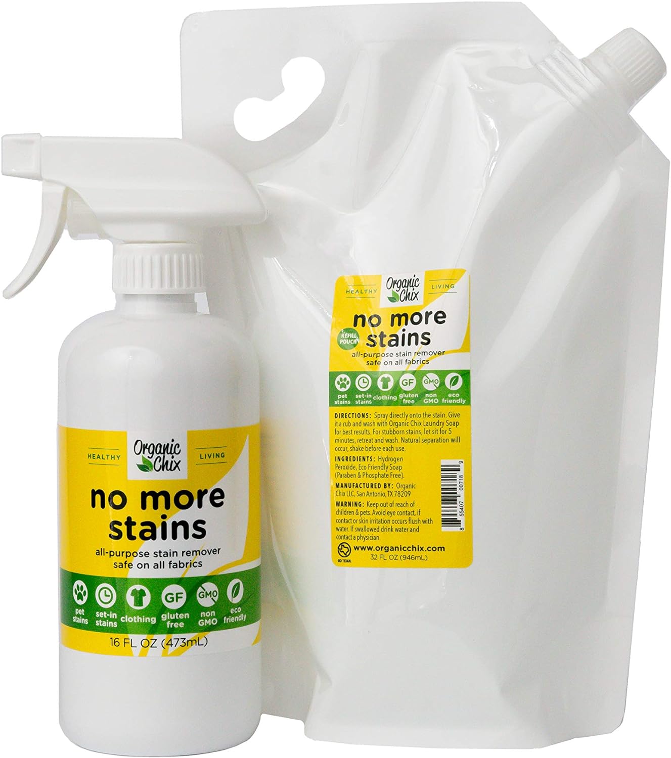 No More Stains, Natural Stain Remover, Non-toxic 32 ounce Refill Pouch and empty spray bottle