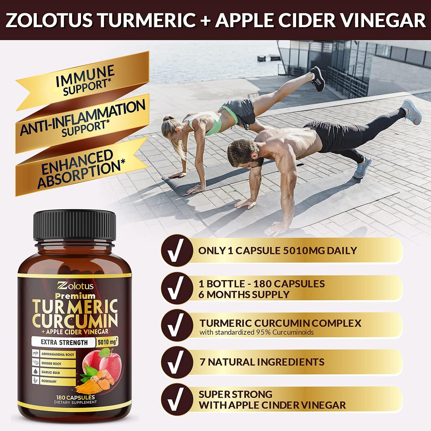 7 in 1 Premium Turmeric Curcumin + Apple Cinder Vinegar Capsules, Equivalent to 5010mg, 6 Month Supply with Ashwagandha, Ginger, Garlic Bulb, 95% Standardized Curcuminoids, Joint & Absorption Support : Health & Household