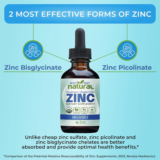 Organic Liquid Zinc Drops Supplement With Zinc Picolinate And Bisglycinate 4 Fl, Usda Organic, Gluten-Free, Vegan And Gmo-Free (Unflavored)