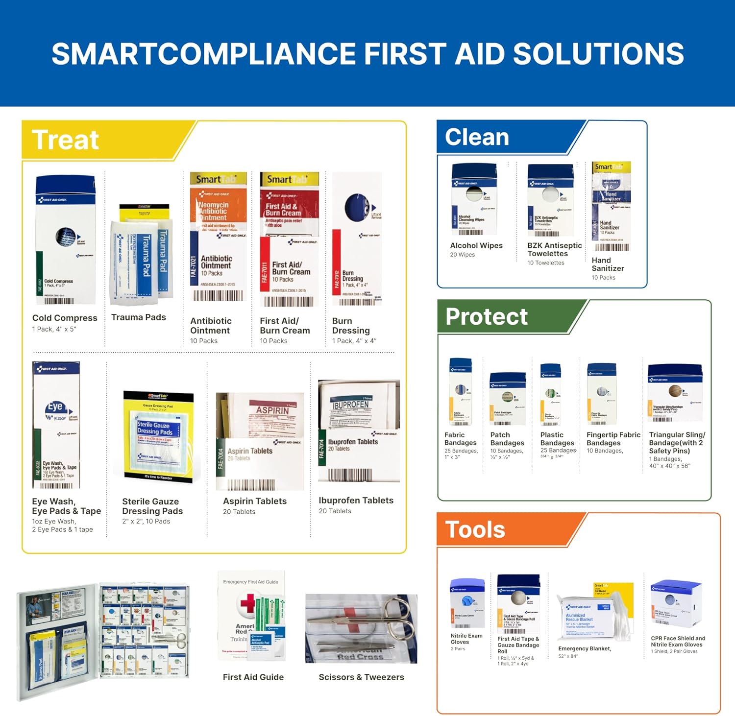 First Aid Only 50-Person SmartCompliance First Aid Kit for Businesses, ANSI A+ Compliant Metal First Aid Cabinet with Medications, 241 Pieces : Health & Household