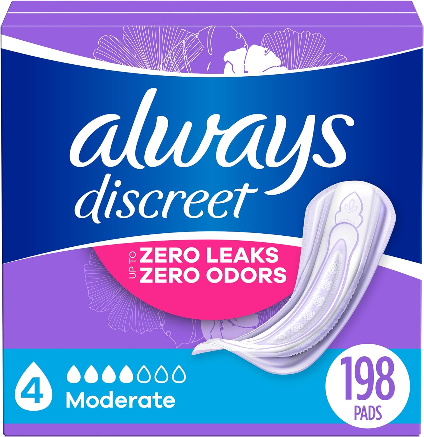 Always Discreet Incontinence Pads for Women and Postpartum Pads, Moderate, 198 CT, up to 100% Bladder Leak Protection (Packaging May Vary)