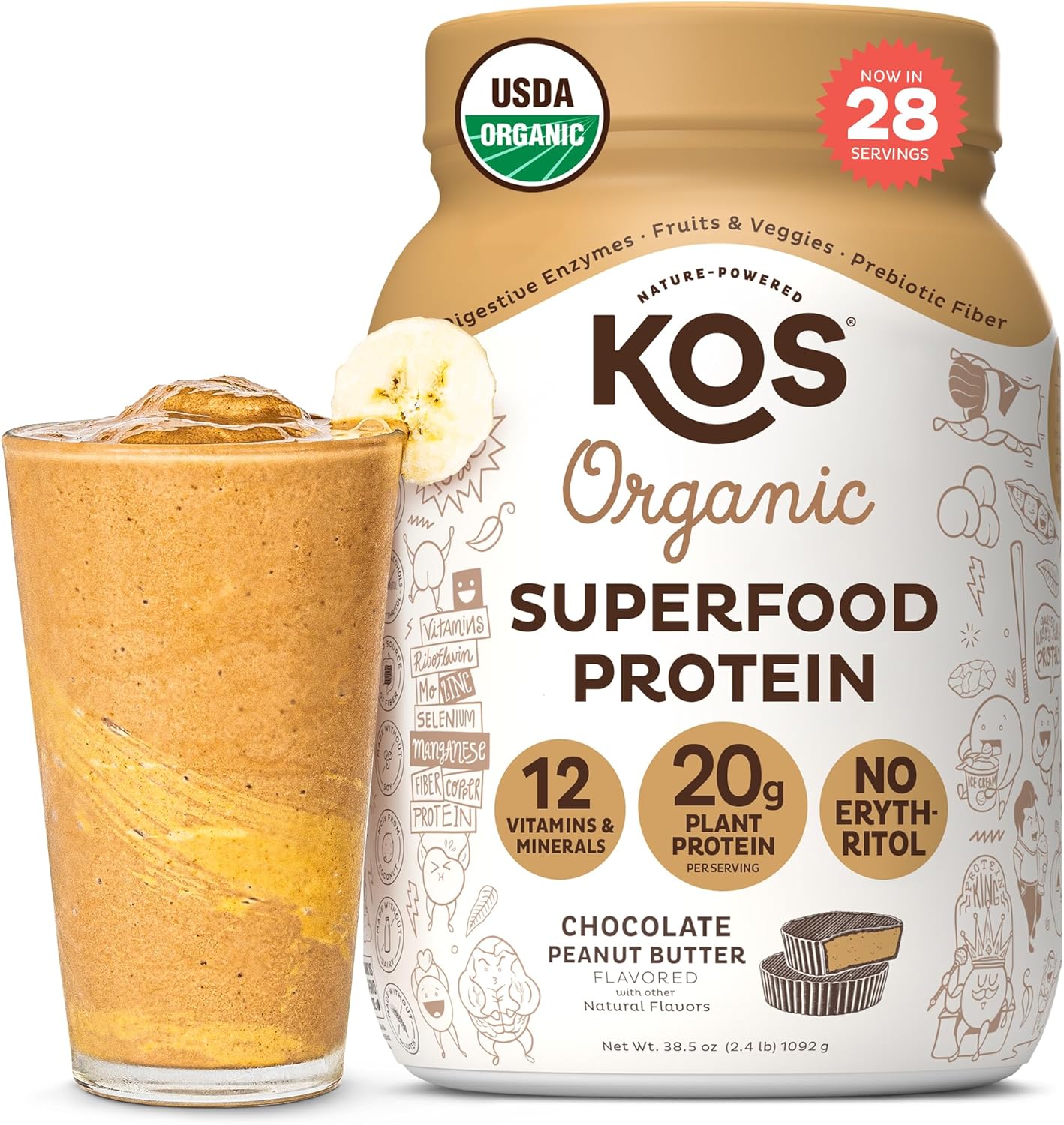 Kos Organic Plant Based Protein Powder, Chocolate Peanut Butter - Delicious Vegan Protein Powder Meal Replacement - Keto Friendly, Gluten Free, Dairy Free & Soy Free - 2.4 Lbs, 28 Servings