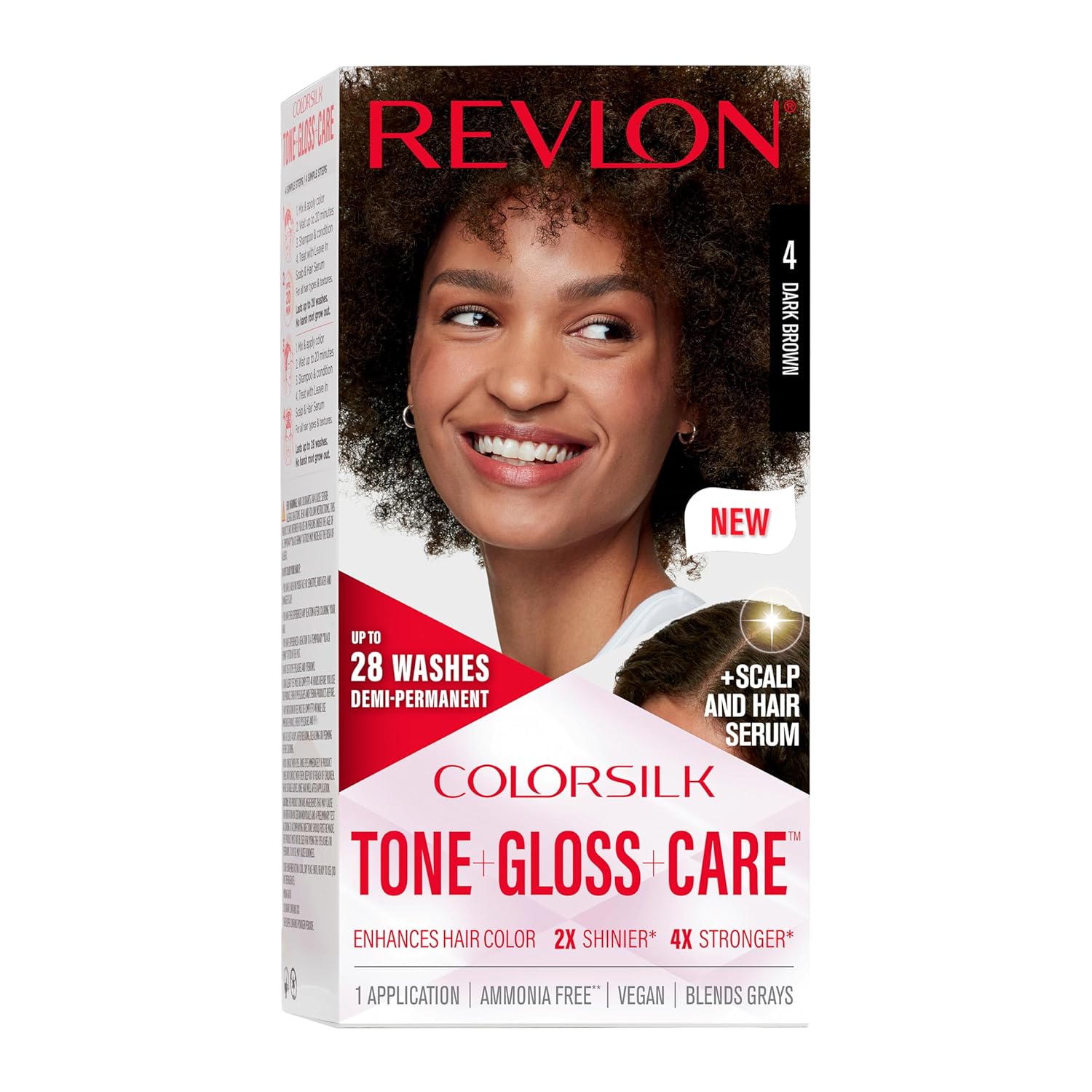 Revlon Colorsilk Tone + Gloss + Care Demi Permanent Hair Color, Hair Dye With Leave In Scalp And Hair Serum, 2X Shinier, 4X Stronger, 4 Dark Brown, 4.5 Fl. Oz