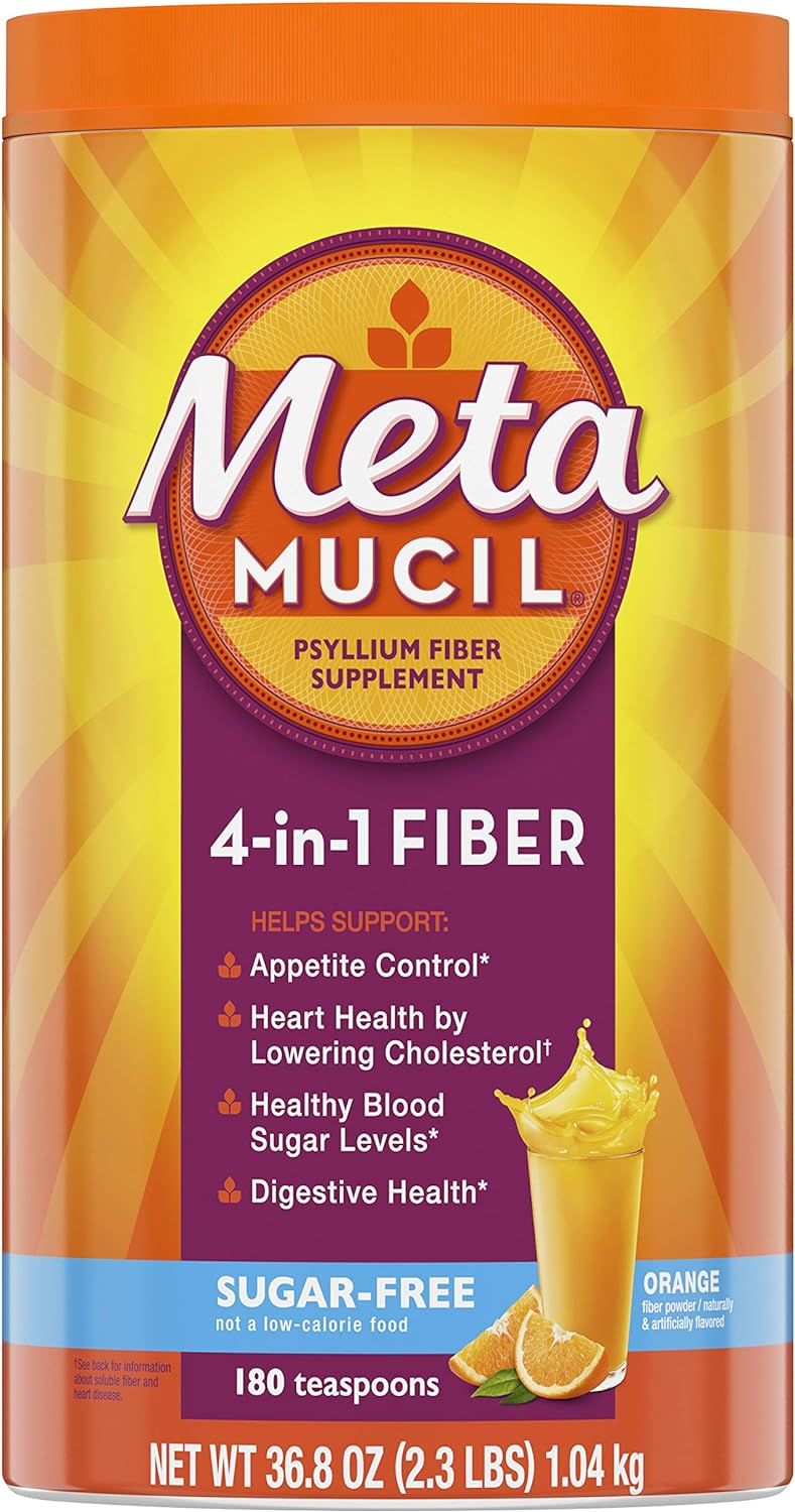 Metamucil 4-in-1 Fiber Supplement for Digestive Health, Psyllium Husk Fiber Powder, Sugar-Free Fiber Supplement, Orange Flavored, 180 teaspoons