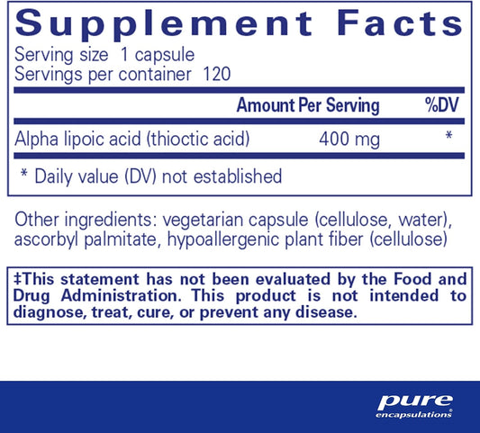 Pure Encapsulations Alpha Lipoic Acid 400 Mg | Ala Supplement For Liver Support, Antioxidants, Nerve And Cardiovascular Health, Free Radicals, And Carbohydrate Support* | 120 Capsules