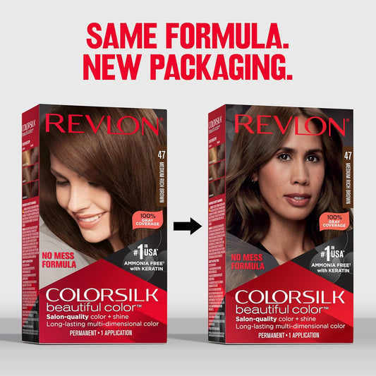 Revlon Colorsilk Beautiful Color Permanent Hair Color, Long-Lasting High-Definition Color, Shine & Silky Softness With 100% Gray Coverage, Ammonia Free, 47 Medium Rich Brown, 3 Pack