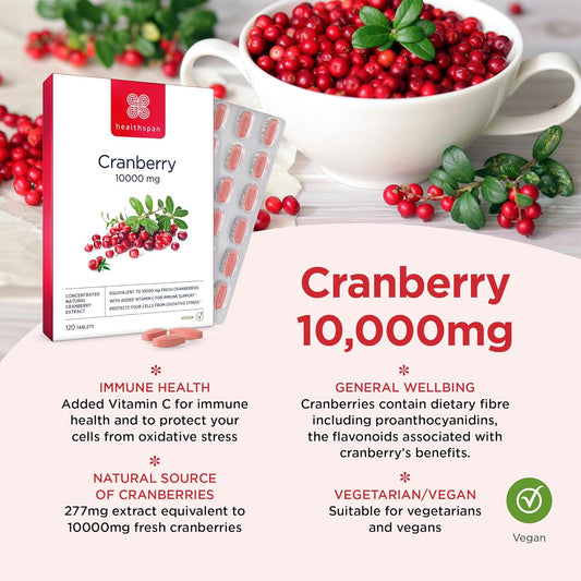 Healthspan Cranberry 10,000mg | 120 Tablets | 10,000mg Whole Cranberries| Support for Your Wellbeing and Immune Health | Added Vitamin C | Vegan