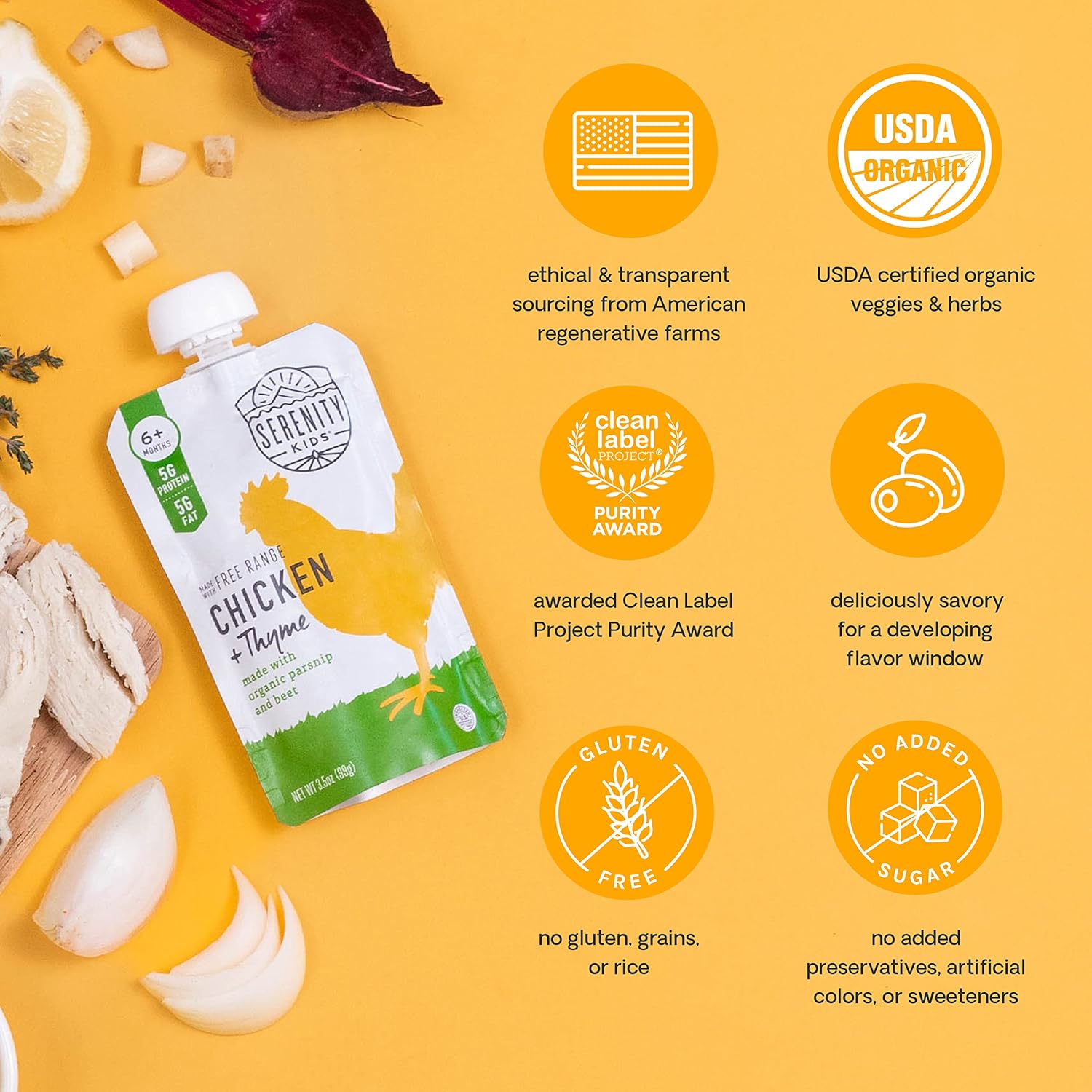 Serenity Kids 6+ Months Baby Food Pouches Puree Made With Ethically Sourced Meats & Organic Veggies | 3.5 Ounce BPA-Free Pouch | Free Range Chicken & Thyme, Parsnip, Beet | 12 Count : Baby