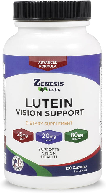 Zenesis Labs Lutein Vision Support - Essential Eye Vitamin - With Bilberry, Beta-Carotene, Zinc, Grapeseed & Other Minerals - 120 Capsules - 60 Day Supply