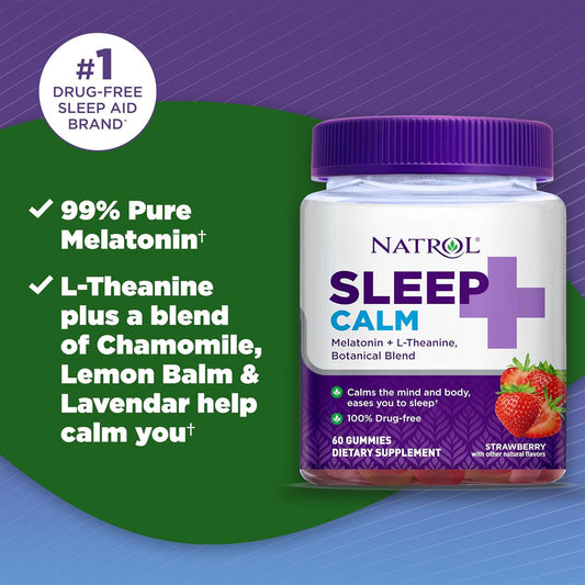 Natrol Sleep+ Calm, Drug Free Sleep Aid Supplement, Calm an Active Mind, Ease to Sleep, 60 Strawberry avored Gummies