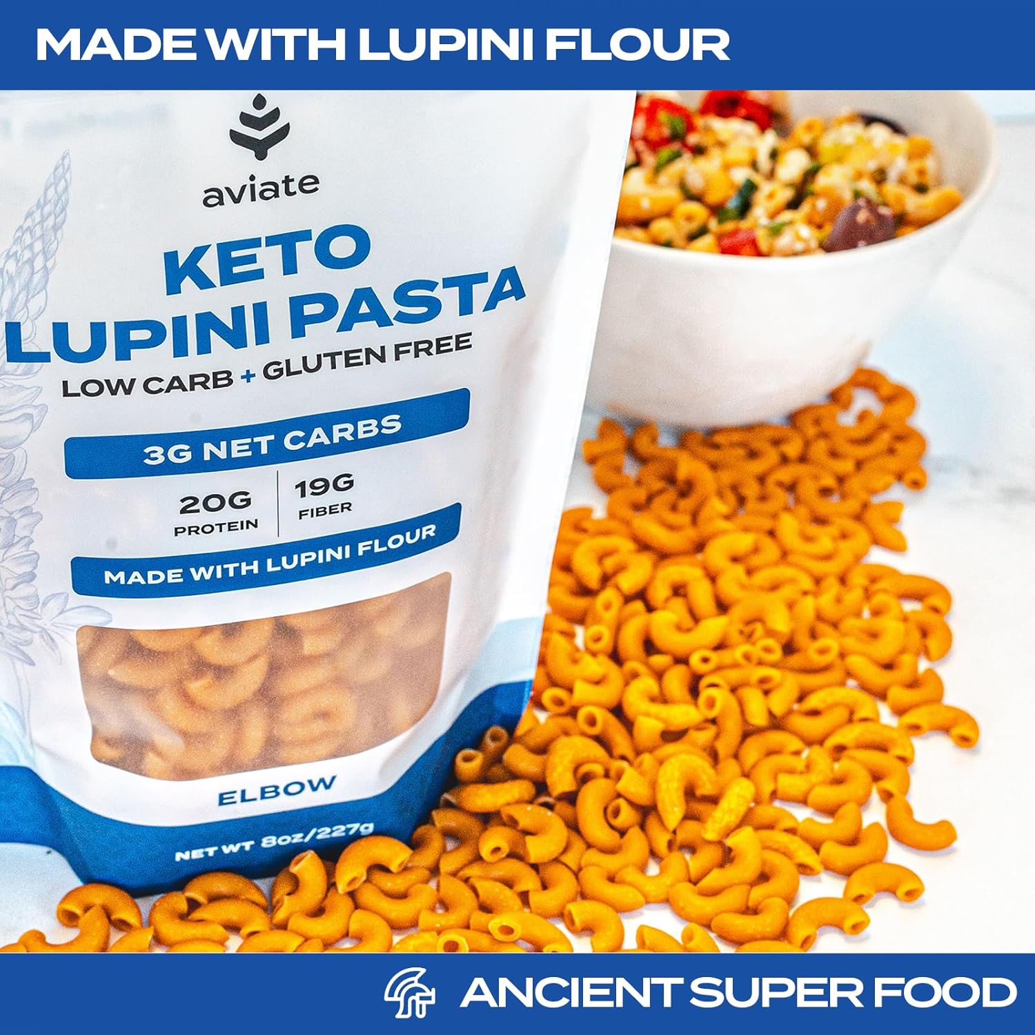 Aviate Keto Pasta Elbows - Low Carb (3G Net) Lupini Noodles, High Protein (20G), Gluten-Free, Made With Lupin Flour, Plant Based Vegan, Keto-Friendly, Low Carb - Macaroni Elbows (8Oz) (Pack Of 3)