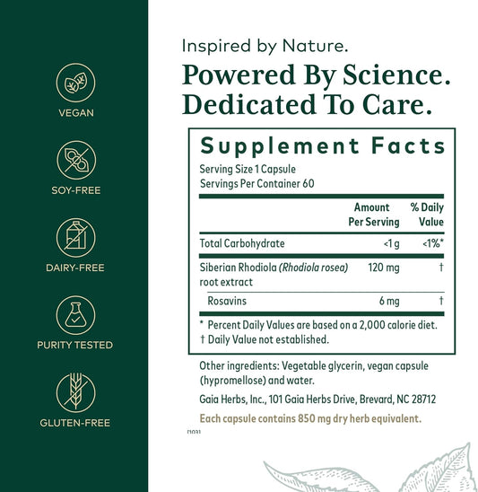 Gaia Herbs Pro Rhodiola - For Adaptogen Stress Support & Relief - With Rhodiola Rosea, Rosavins, Vegetable Glycerin & More - 60 Vegan Liquid Phyto-Capsules (60 Servings)