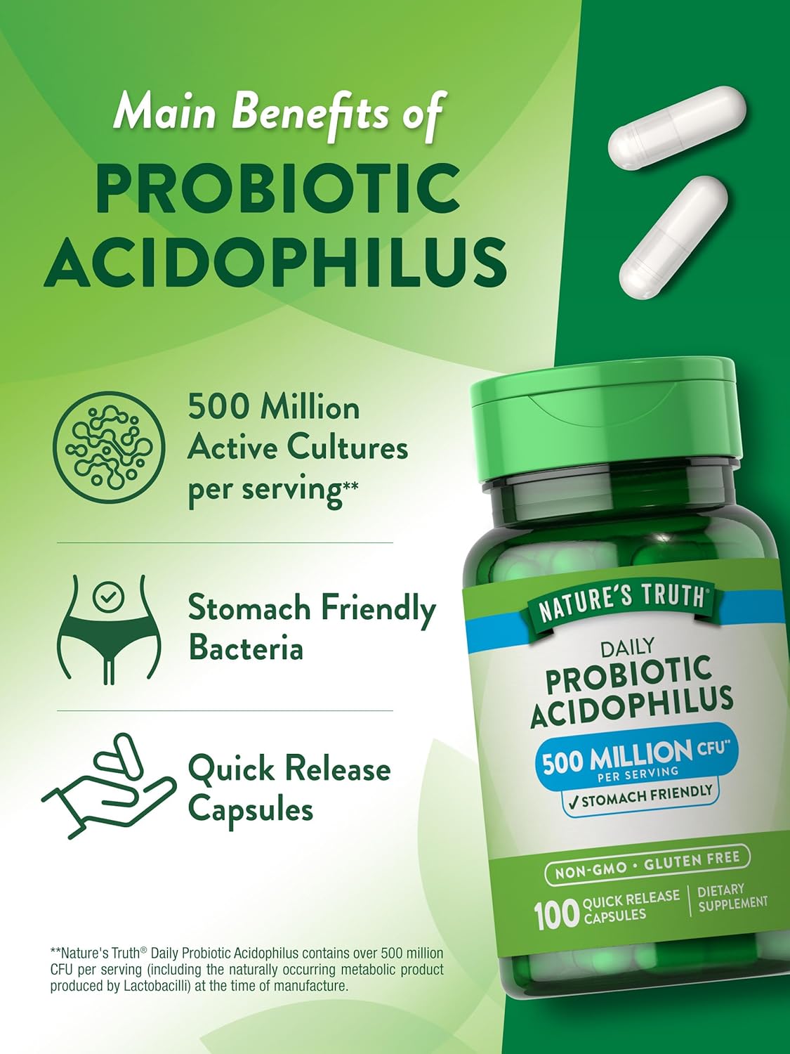 Probiotics For Men and Women Digestive Support | 500 Million CFU | 100 Capsules | Acidophilus | By Nature's Truth : Health & Household