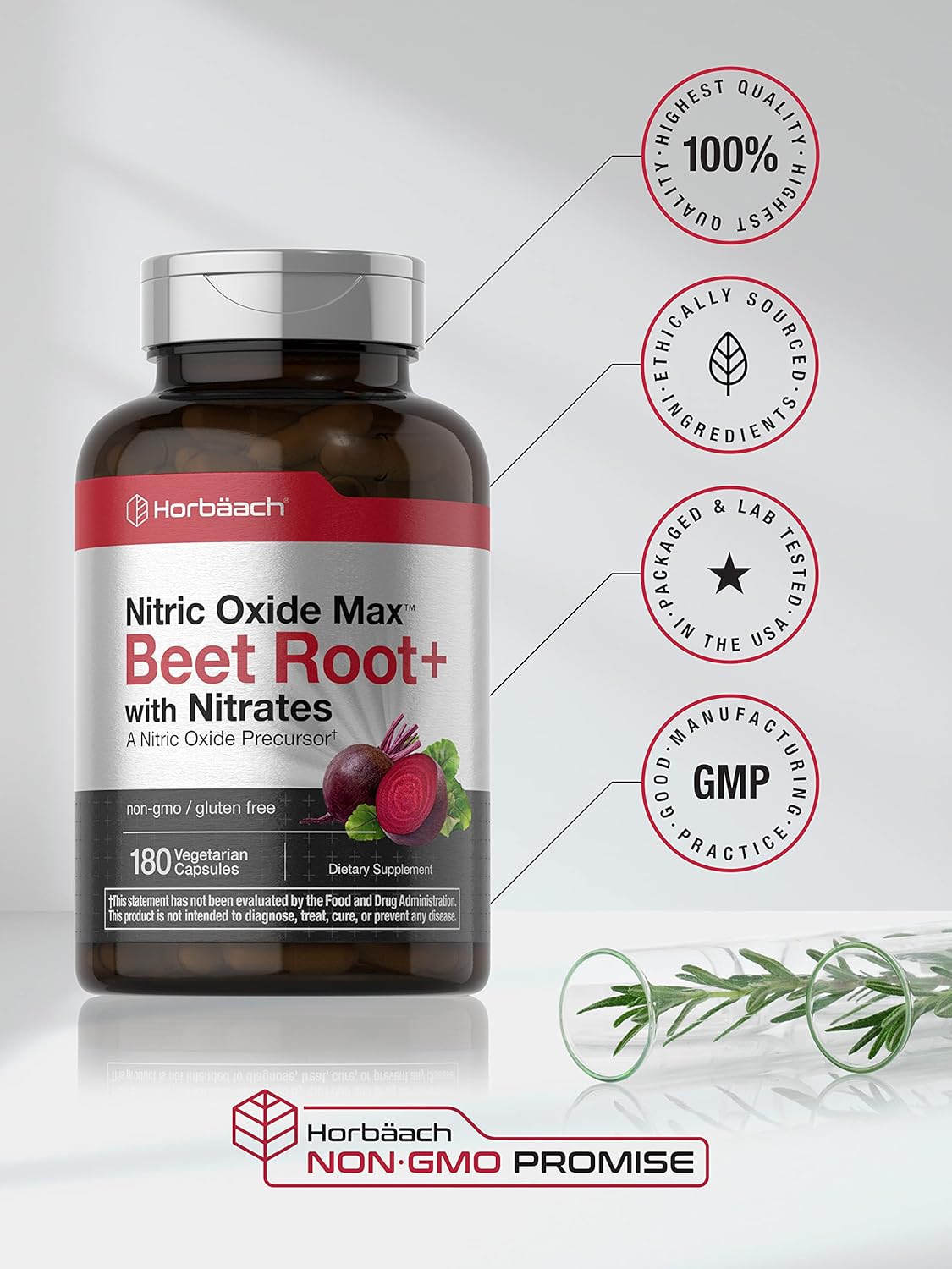 Horbäach Nitric Oxide Beet Root Capsules and Precursor | with Nitrates | 180 Count | Vegetarian, Non-GMO, Gluten Free Supplement : Health & Household