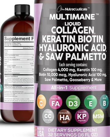 Clean Nutraceuticals Liquid Collagen 4000Mg Biotin 10000Mcg Keratin 100Mg Saw Palmetto Hyaluronic Acid 100Mg - Hair Skin & Nails Vitamins & Dht Blocker With Vitamin D3 Msm 50Mg Made In Usa - 16 Fl. Oz