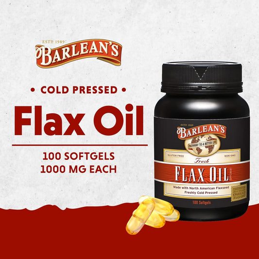 Barlean's Flaxseed Oil Softgels, Cold-Pressed Flax Seed Supplement with 1,650 mg ALA Omega-3 Fatty Acids for Joint & Heart Health, 1000mg, 100 ct