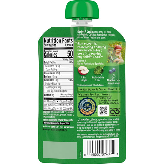 Gerber Organic Baby Food Pouches, 2nd Foods for Sitter, Apple Blueberry Spinach, 3.5 Ounce (Pack of 12)