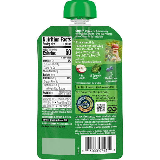 Gerber Organic Baby Food Pouches, 2Nd Foods For Sitter, Apple Blueberry Spinach, 3.5 Ounce (Pack Of 12)