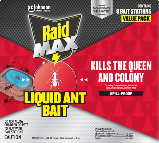 Raid Max Liquid Ant Bat; Kills Ants Where They Breed, For Indoor And Outdoor Use; 8 Bait Stations