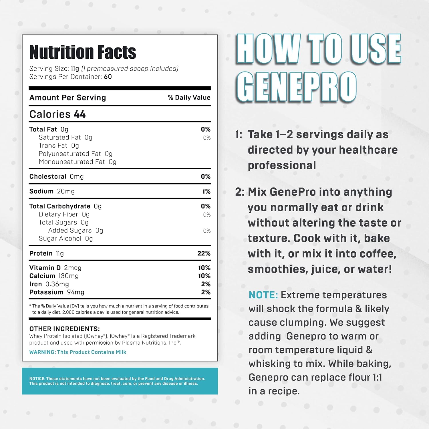 Genepro Unflavored Protein Powder - New Formula - Lactose-Free, Gluten-Free, & Non-GMO Whey Isolate Supplement Shake (3rd Generation, 60 Servings) : Health & Household