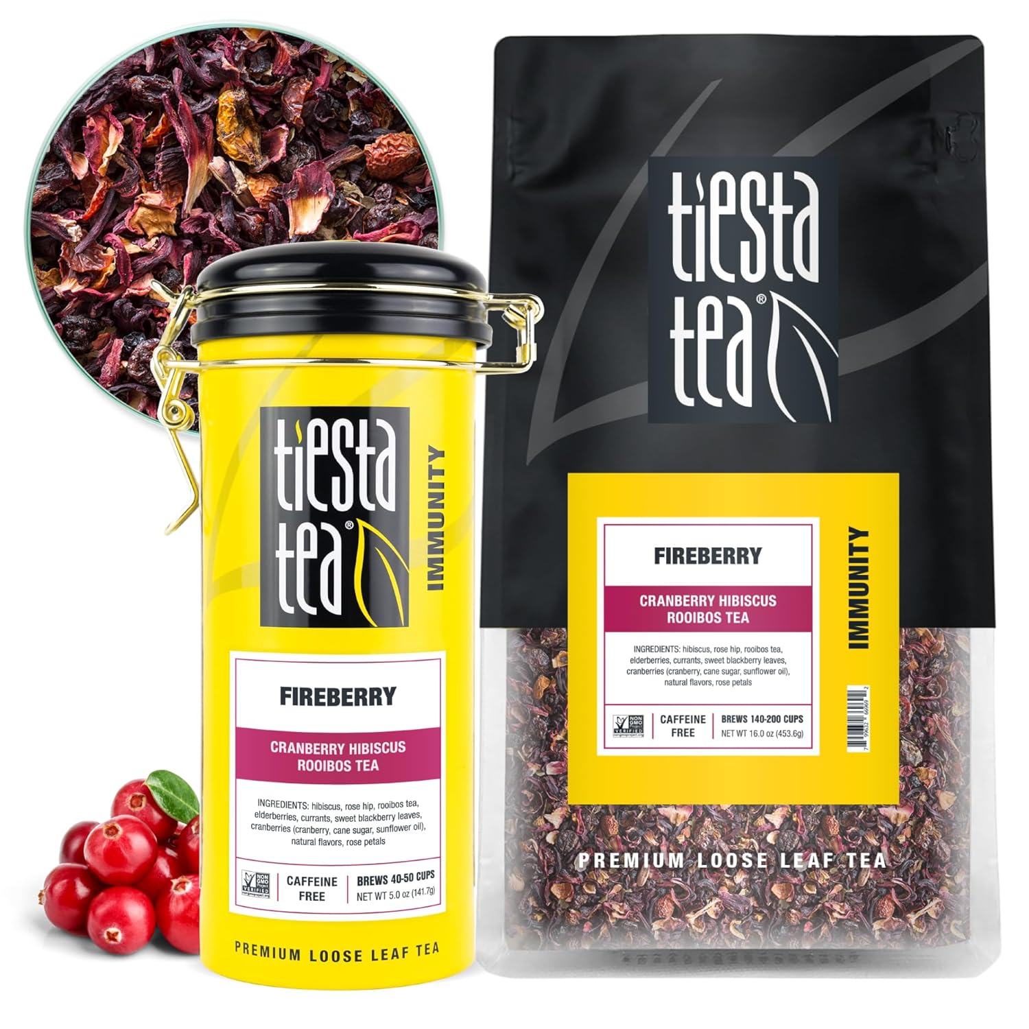 Tiesta Tea - Fireberry, Cranberry Hibiscus Rooibos Tea | Premium Loose Leaf Tea | Non-Caffeinated Rooibos Tea | Make Hot Or Iced Tea & Brews Up To 250 Cups - 16Oz Bulk Pouch & 5Oz Refillable Tin Combo