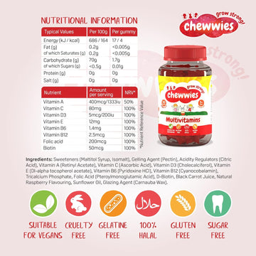Chewwies Multivitamin Gummies | Sugar-Free Chewable Vitamin Gummies | Vegan & Vegetarian | Soft Raspberry Flavor | Halal & Gluten-Free | Essential Nutrients For Kids & Adults | Daily Health Support