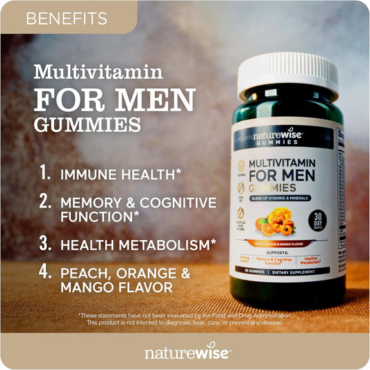 Naturewise Multivitamin For Men, Gummies Peach Mango Flavor, For Immune Health With Minerals & Vitamin A, C, D, E, B6 And B12, Vegetarian, Soy-Free, Non-Gmo, 60 Count[1-Month Supply]
