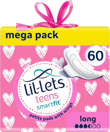 Lil-Lets Teens Long Pads X 60, Petite Towels for Girls & Teenagers, with Wings, for Medium Flow, Unscented, Soft & Breathable, First Period Sanitary Towels, 5 Packs of 12 Pads - Bulk Pack