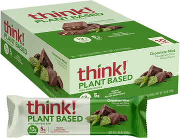 Think! Vegan/Plant Based High Protein Bars - Chocolate Mint, 13G Protein, 5G Sugar, No Artificial Sweeteners, Non Gmo Project Verified, 10 Count (Packaging May Vary)