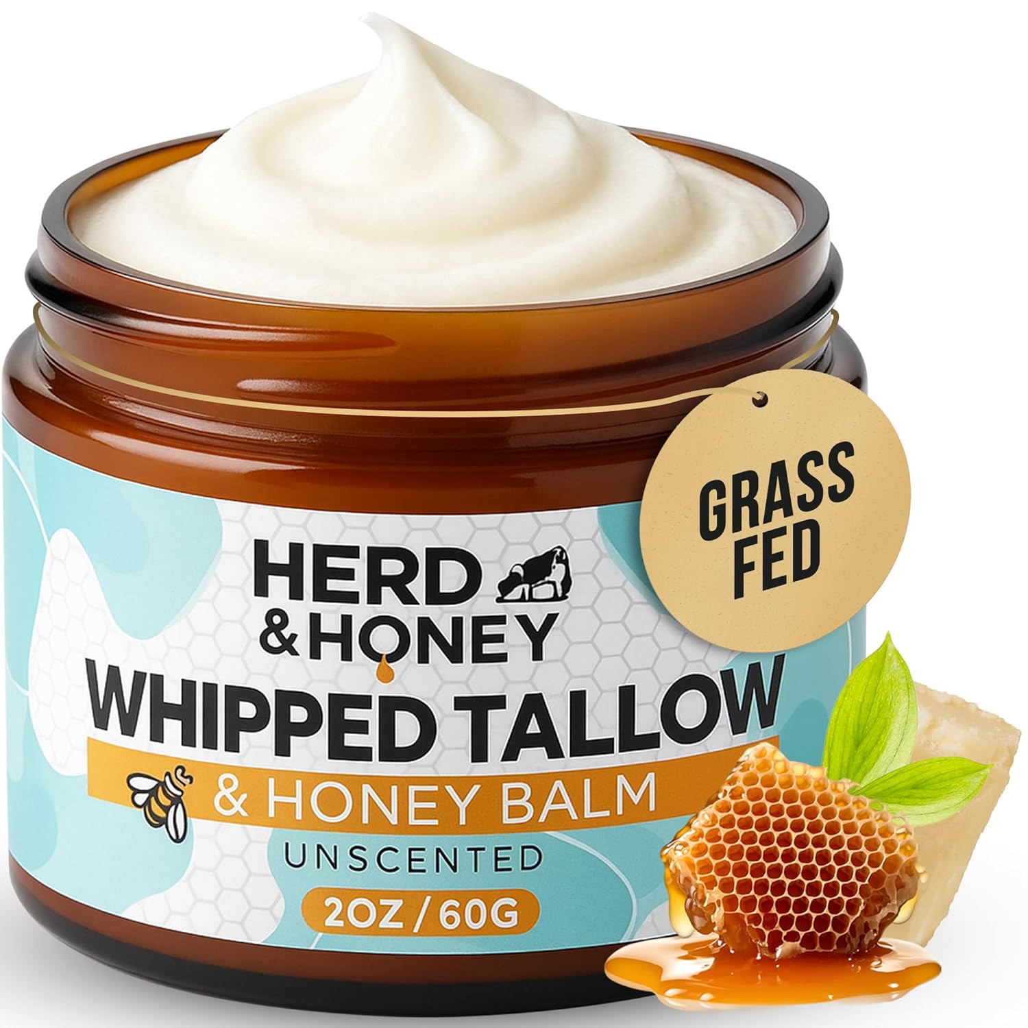Herd & Honey Whipped Tallow Balm - Organic Tallow And Honey Balm For Face, Lips And Body, Unscented 100% Grass Fed Beef Tallow For Skin, Fast Absorbing, Non-Greasy Tallow Face Moisturizer, 2Oz