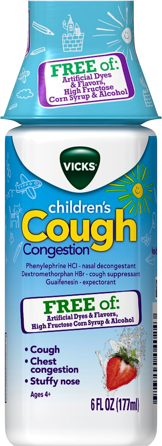 Vicks Children'S Daytime Cough & Congestion Relief, Free Of: Artificial Dyes & Flavors, High Fructose Corn Syrup & Alcohol; Non-Drowsy, Berry Flavor, For Children Ages 4+, 6 Fl Oz