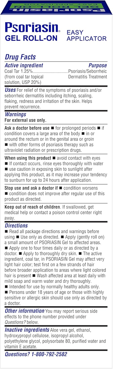 Psoriasin Gel Roll-On - 1.25% Coal Tar - Medicated Multi-Symptom Treatment - Stops Psoriasis Itching, Plaques And Scaling - 2 Oz
