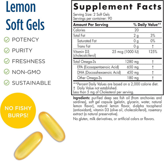Nordic Naturals ProOmega-D, Lemon avor - 180 Soft Gels - 1280 mg Omega-3 + 1000 IU D3 - High-Potency Fish Oil - EPA & DHA - Brain, Eye, Heart, Joint, & Immune Health - Non-GMO - 90 Servings