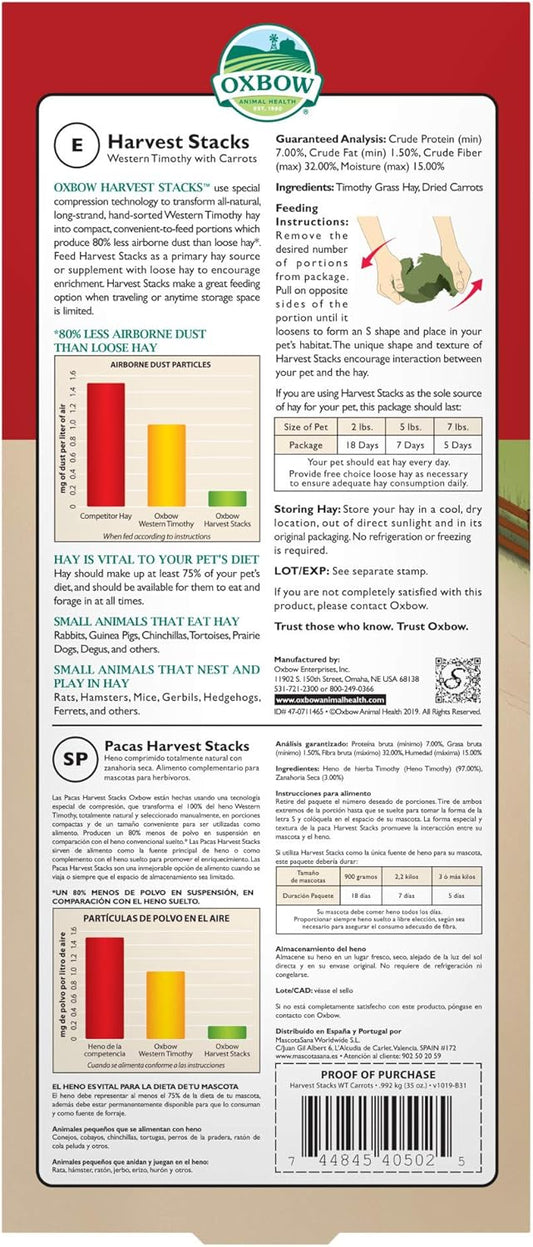 Oxbow Animal Health Harvest Hay Stacks - Western Timothy Hay With Carrots - All Natural Hay For Rabbits, Guinea Pigs, Chinchillas, Hamsters & Gerbils - 35 Oz