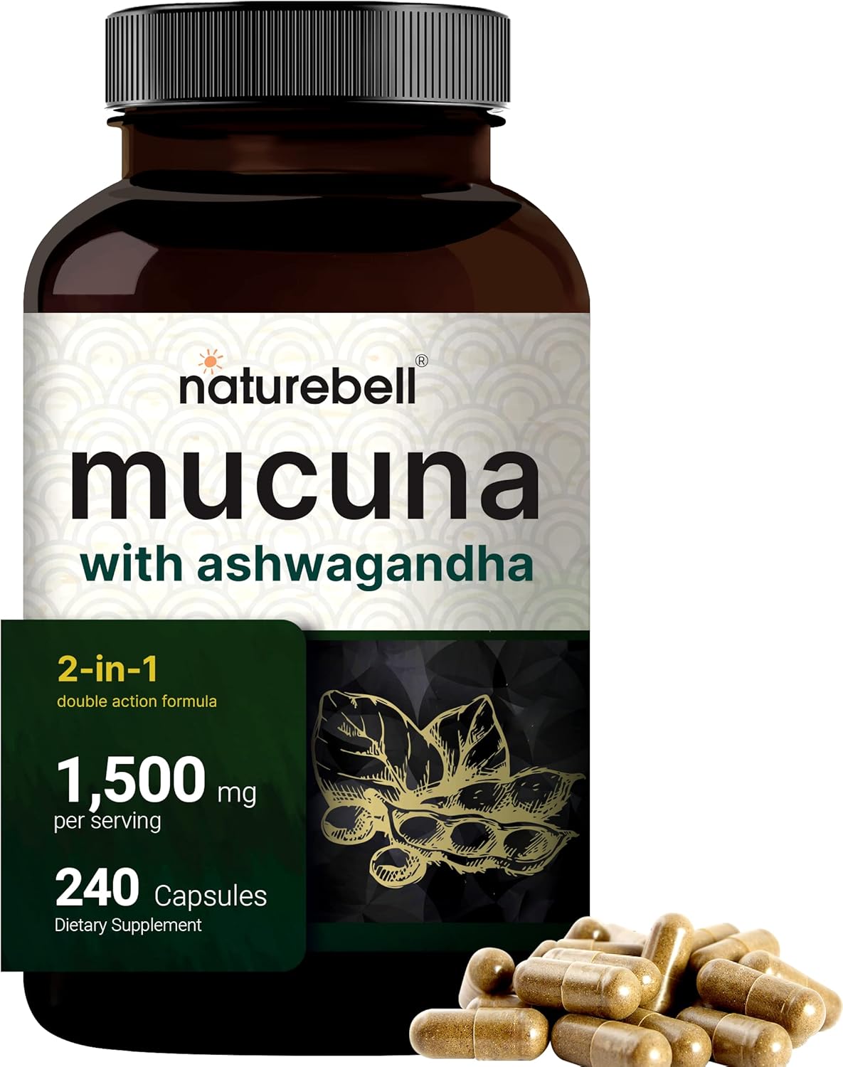 Mucuna Pruriens Capsules, Triple Strength 1500Mg Per Serving, 2 In 1 Formula, Made With Mucuna And Ashwagandha, 240 Capsules, Potent Seed Extract, Positive Mood, Relaxation & Restoration Support
