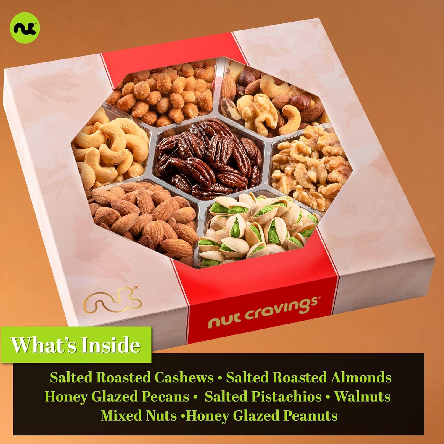 Nut Cravings Gourmet Collection - Mothers Day Mixed Nuts Gift Basket in Red Gold Box (7 Assortments, 2 LB) Arrangement Platter, Birthday Care Package - Healthy Kosher USA Made : Grocery & Gourmet Food