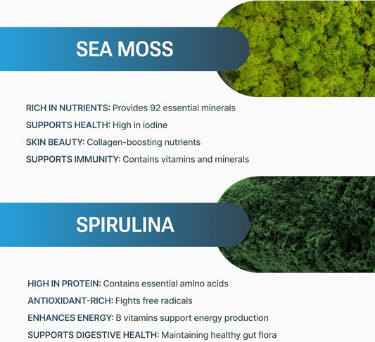 Organic Sea Moss Spirulina, 90 Capsules, Organic Sea Moss Spirulina Supplement, Immune Support, Endurance & Microingredients Source — Vegan Capsules For Men & Women
