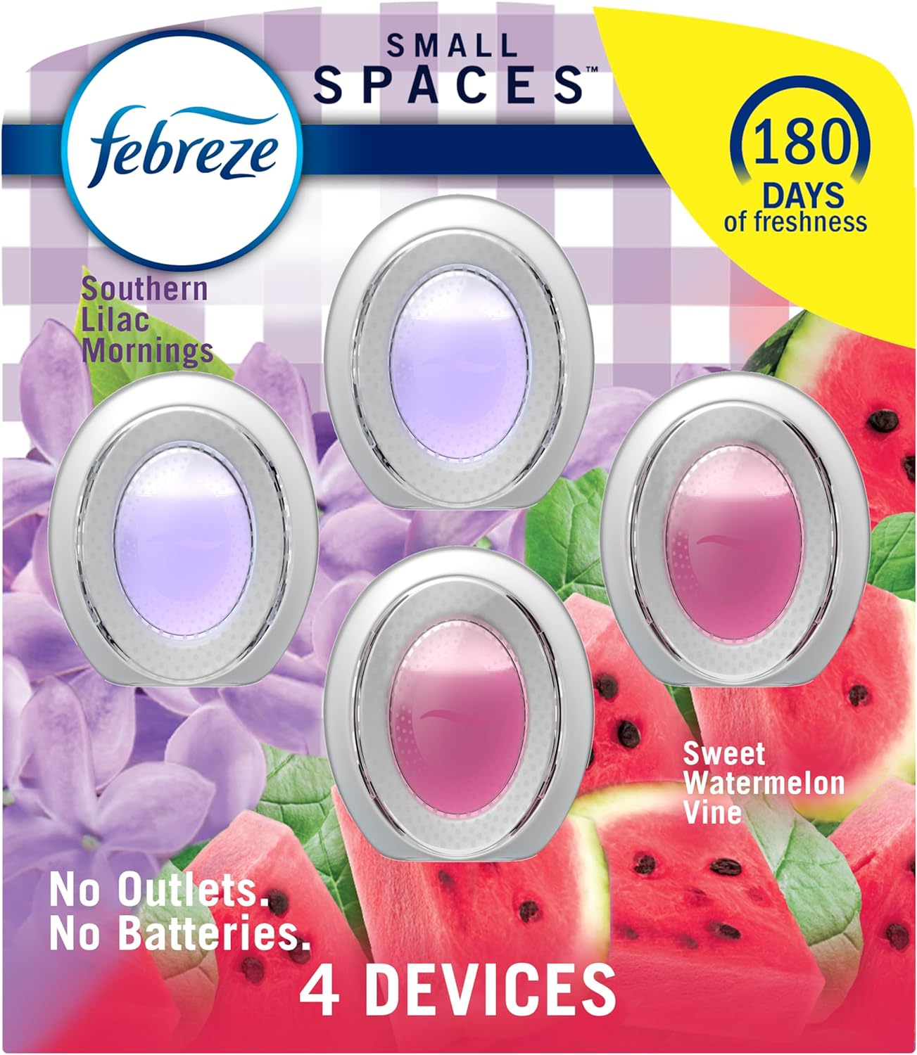 Febreze Small Spaces Air Freshener Sweet Watermelon Vine, Southern Lilac Mornings, Pack of 4 (2 of Each), 0.25 Oz Each