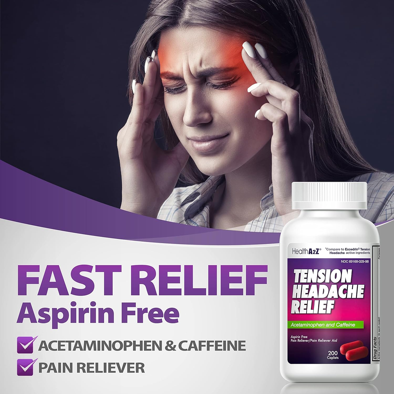 HealthA2Z® Tension Headache Relief | Acetaminophen 500mg | Caffeine 65mg | Pain Reliever Aid | Aspirin Free (200 caplets (Pack of 1)) : Health & Household