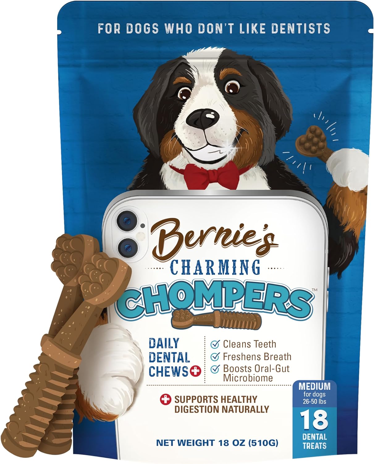 Bernie's Charming Chompers - Daily Dental Chews for Dogs 26-50 Lbs. - 18 Count - Cleans Teeth, Freshens Breath, Boosts Oral-Gut Microbiome. Easy to Digest, Supports Healthy Digestion Naturally